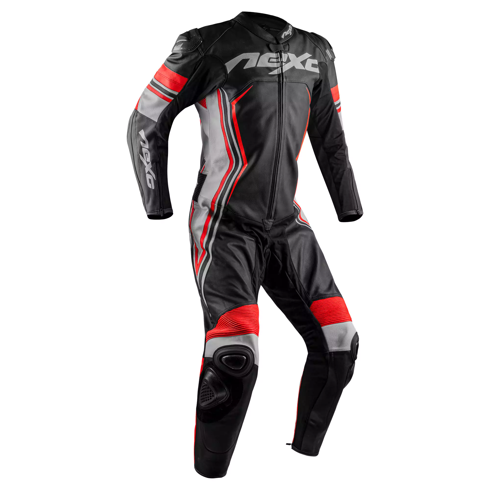 Leather motorcycle full suit with protective armor and racing design.