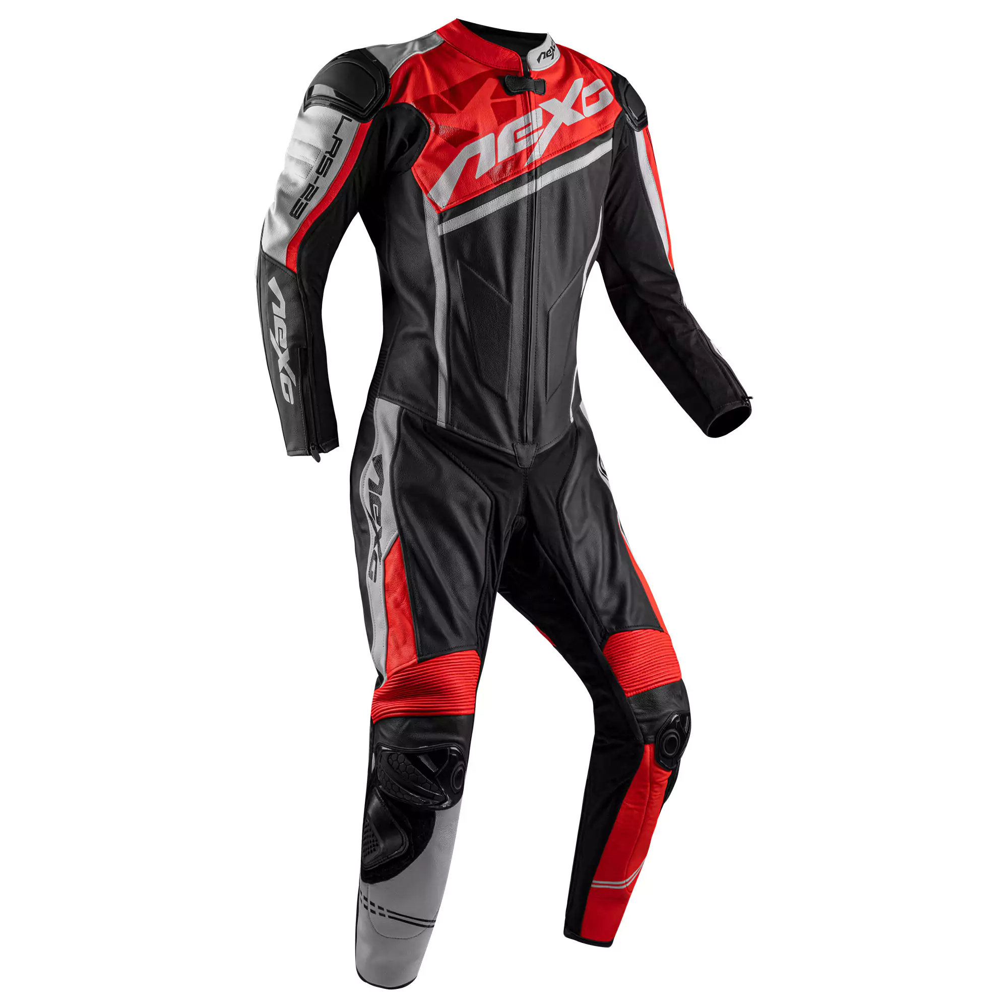 Leather motorcycle full suit with protective armor and racing design.