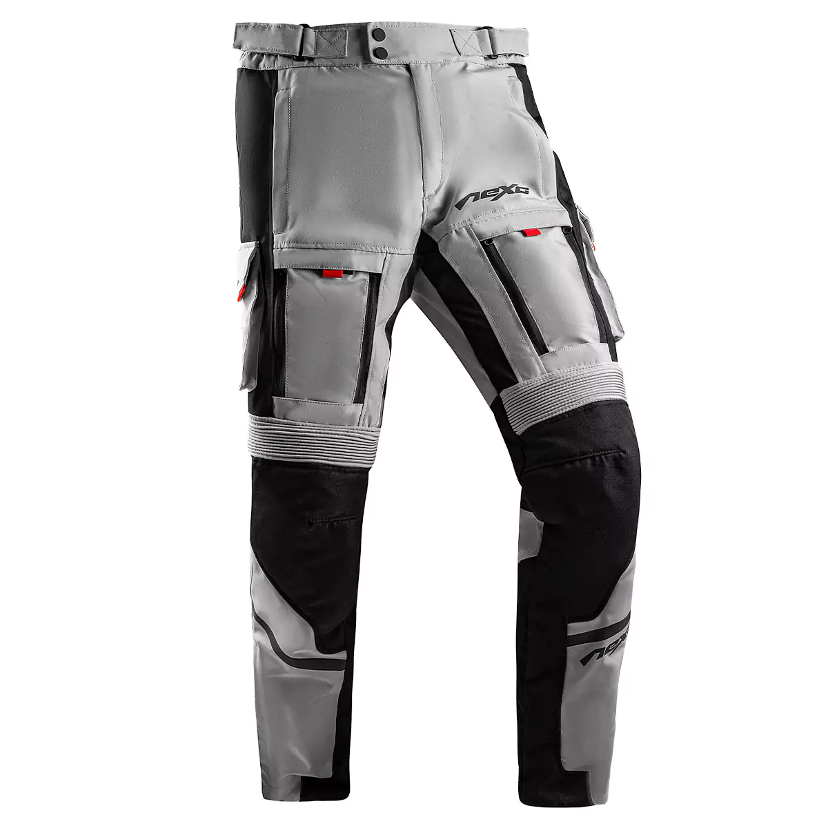 Grey and black color motorcycle textile pants with protective padding and adjustable straps.