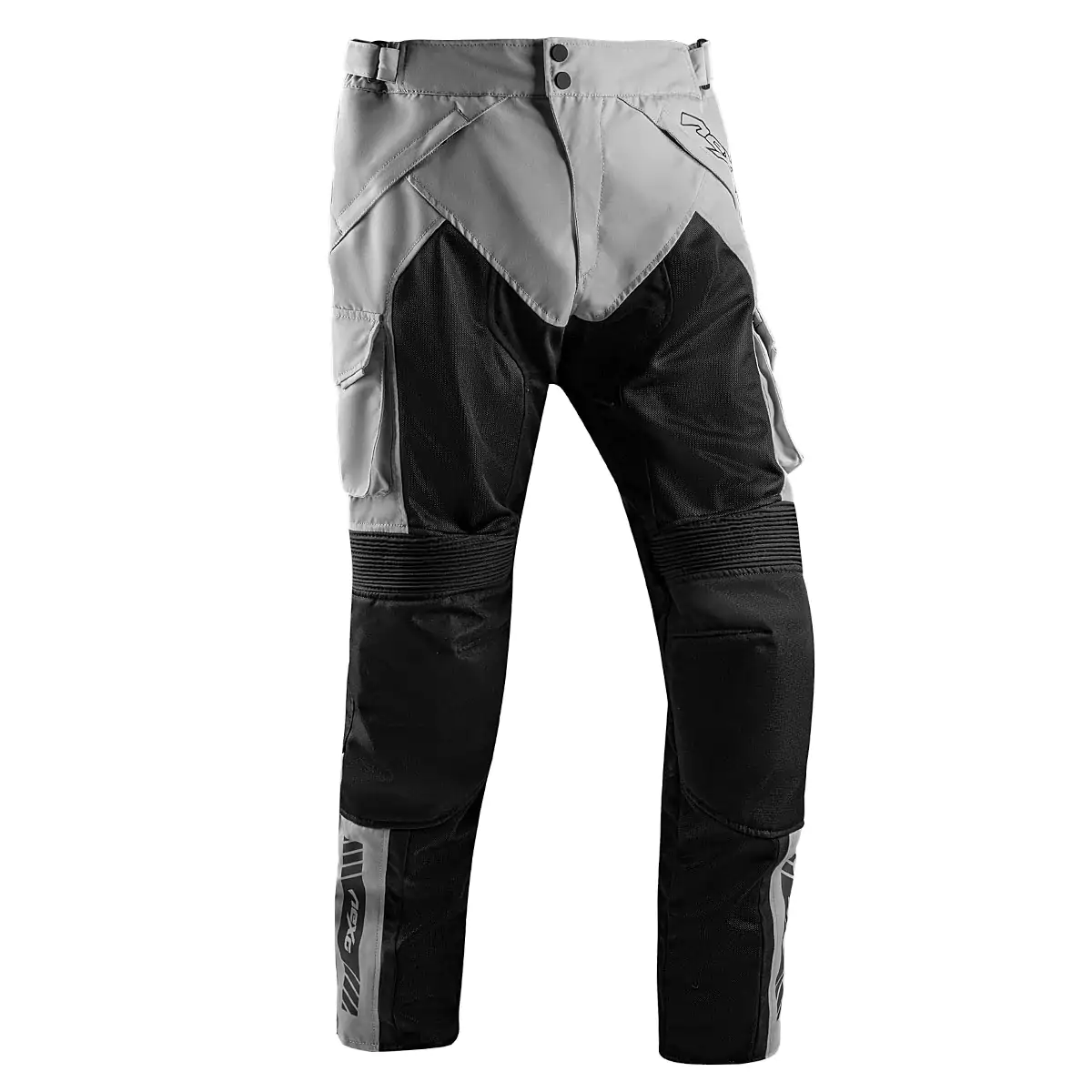 Black and grey motorcycle textile pants with protective padding and adjustable straps.