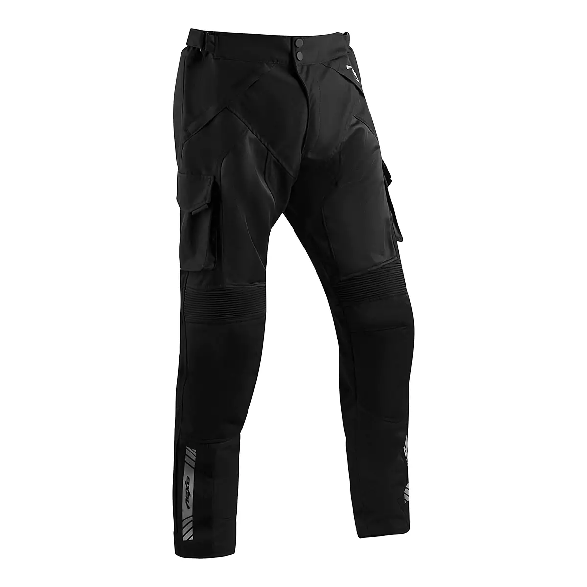 Black motorcycle textile pants with protective padding and adjustable straps.