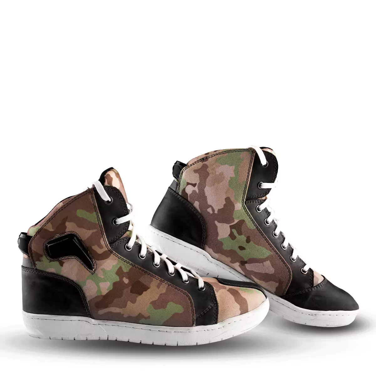 motorcycle sneaker shoe pair with army uniform print having white laces and boundary