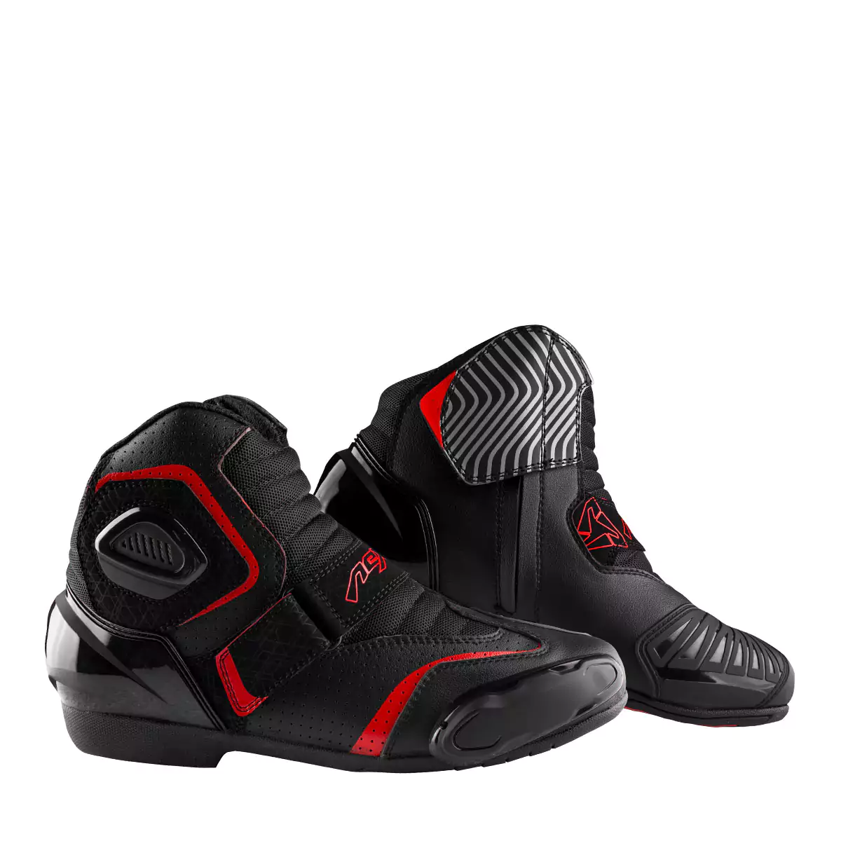 a pair of fully black with little touch of red short motorcycle racing boots
