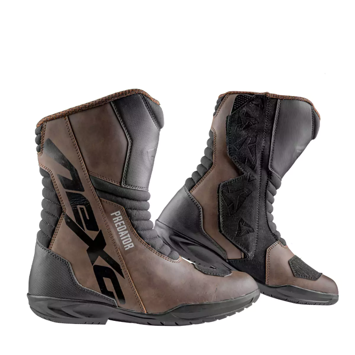 long brown and black colored touring boots pair without laces