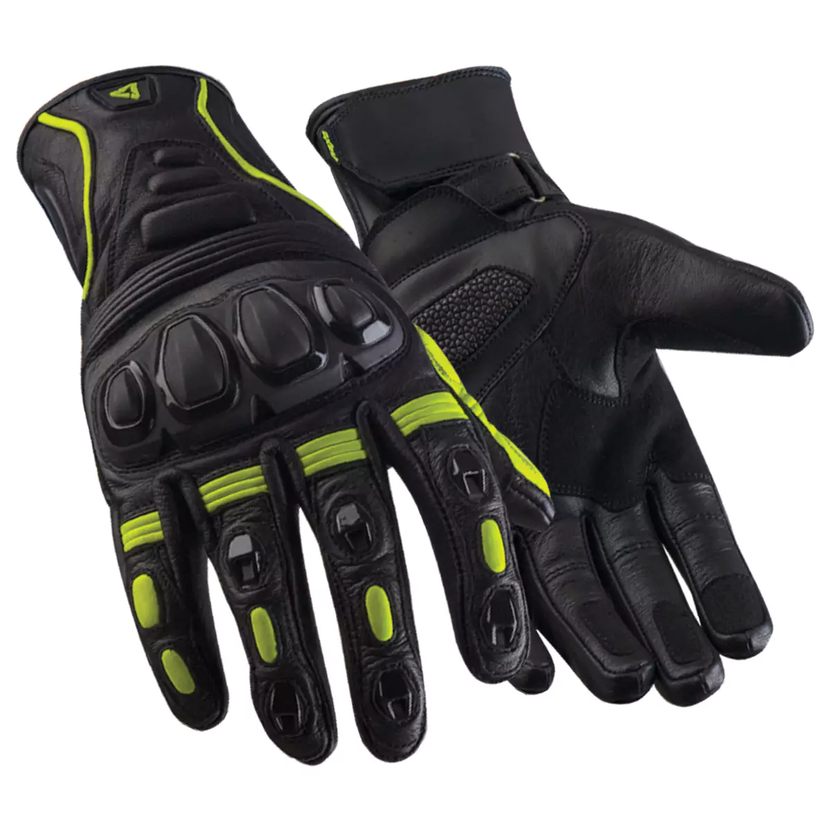 Pair of motorcycle racing gloves, featuring protective armor and knuckle guards.