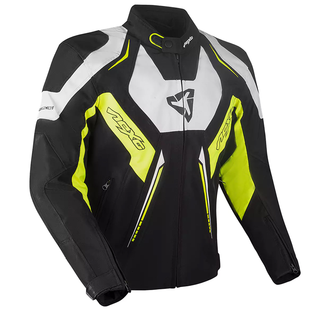 Textile motorcycle jacket with protective padding and reflective accents.