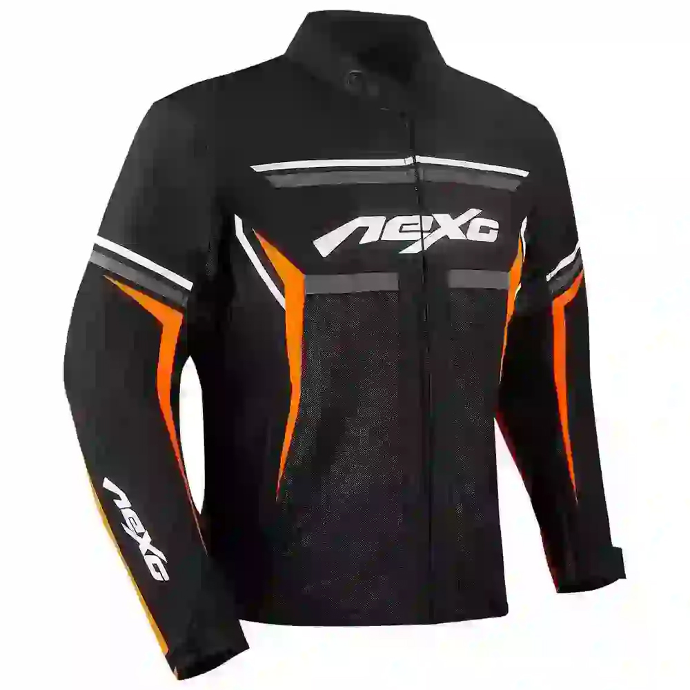 Textile motorcycle jacket with protective padding and reflective accents.